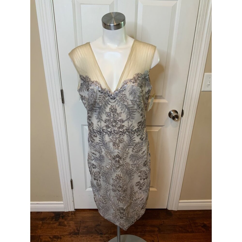 Tadashi  Shoji Silver Beaded Sequin Tulle V-Neck Sheath Dress, Size 10